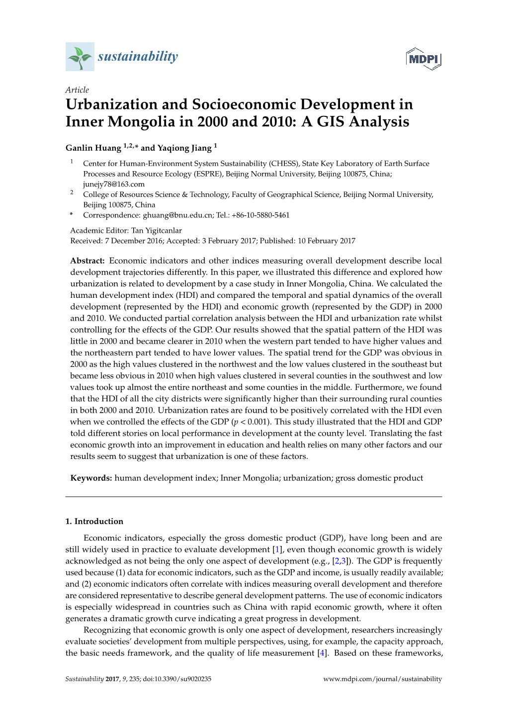 Urbanization and Socioeconomic Development in Inner Mongolia in 2000 and 2010: a GIS Analysis