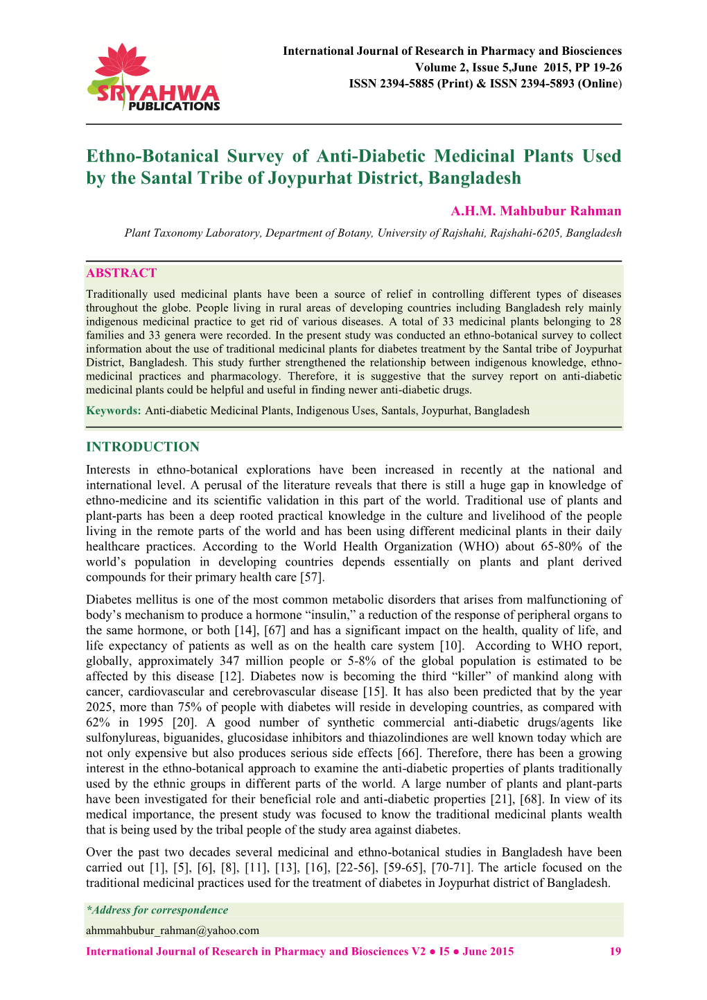 Ethno-Botanical Survey of Anti-Diabetic Medicinal Plants Used by the Santal Tribe of Joypurhat District, Bangladesh