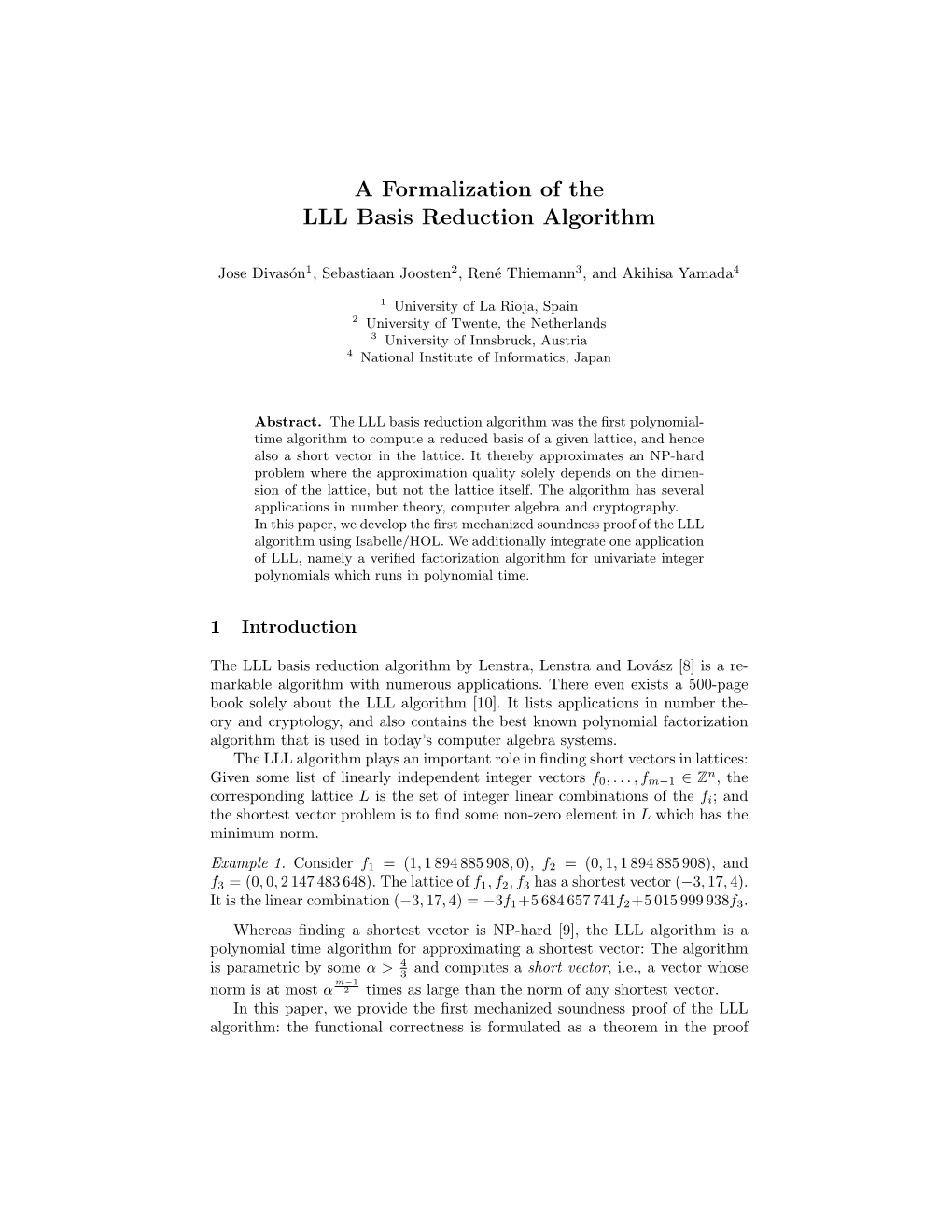 A Formalization of the LLL Basis Reduction Algorithm