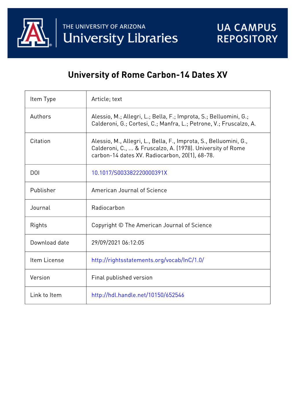 University of Rome Carbon-14 Dates Xv G Belluomini, C