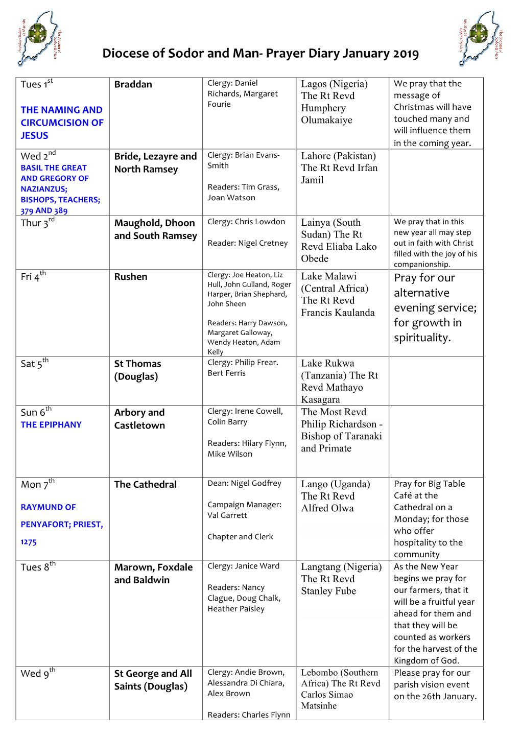 Diocese of Sodor and Man- Prayer Diary January 2019