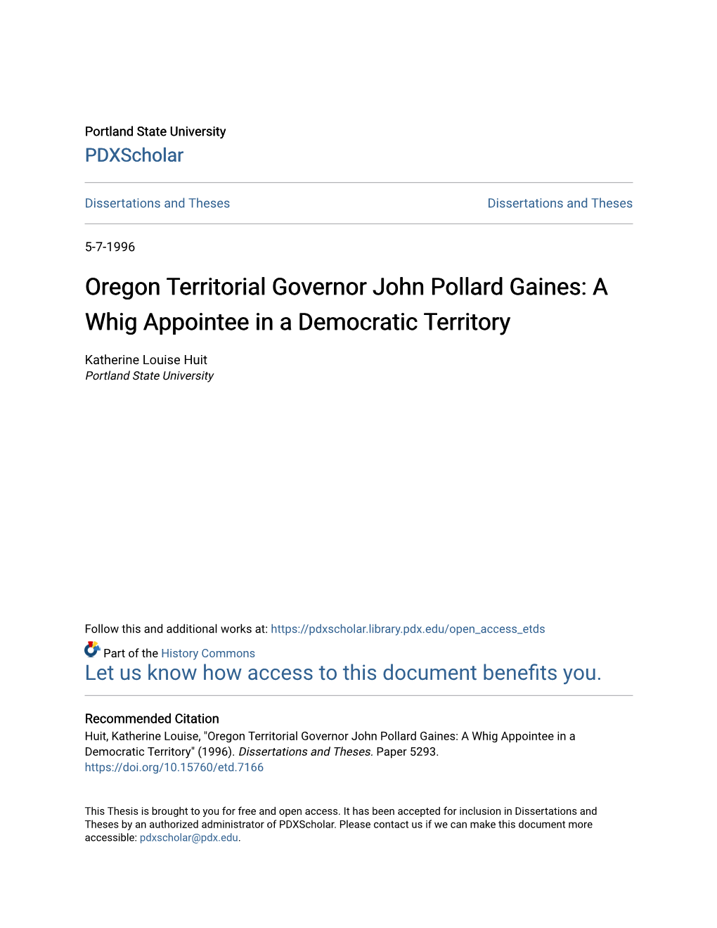 Oregon Territorial Governor John Pollard Gaines: a Whig Appointee in a Democratic Territory