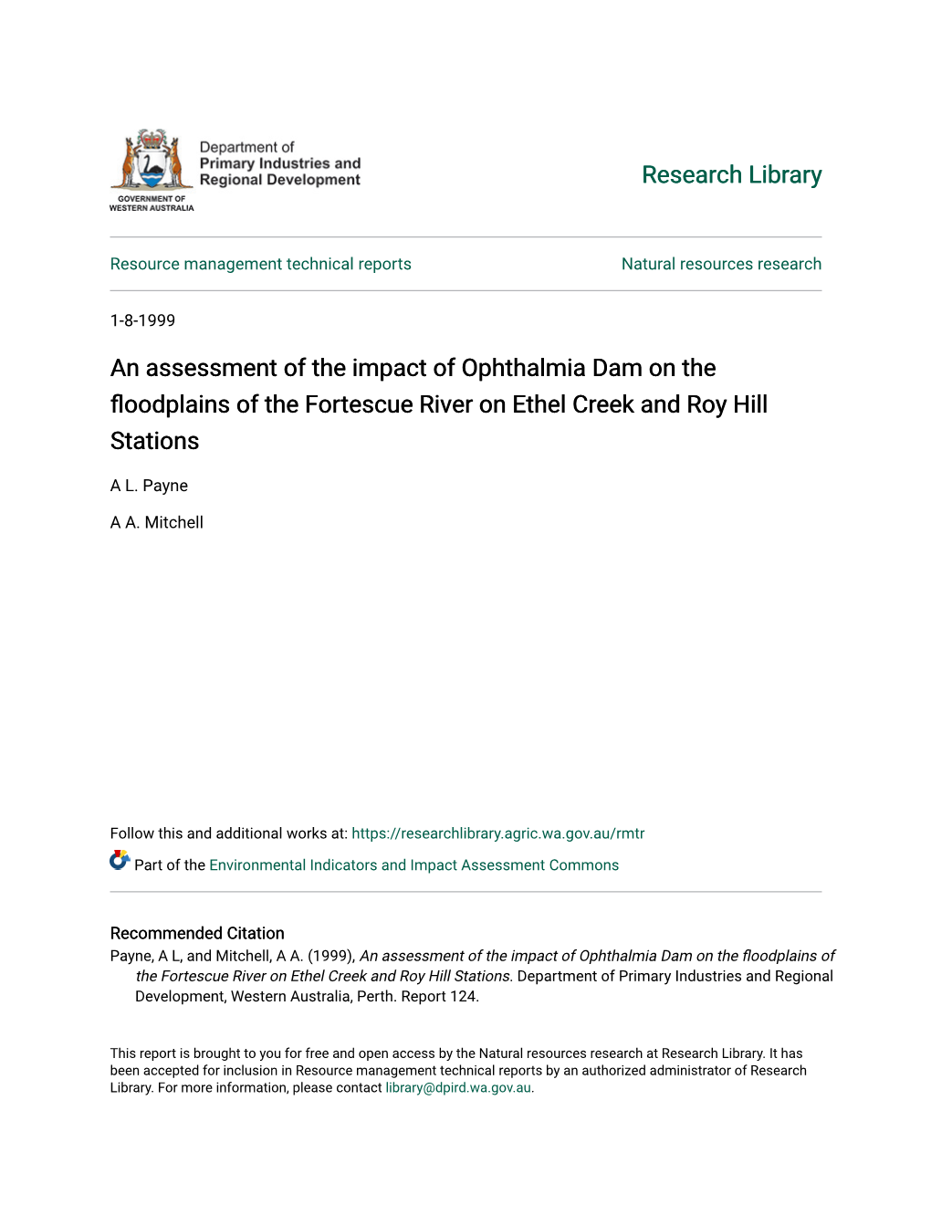 An Assessment of the Impact of Ophthalmia Dam on the Floodplains of the Fortescue River on Ethel Creek and Roy Hill Stations