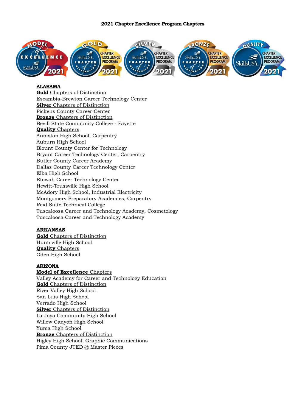 2021 Chapter Excellence Program Chapters Recognition