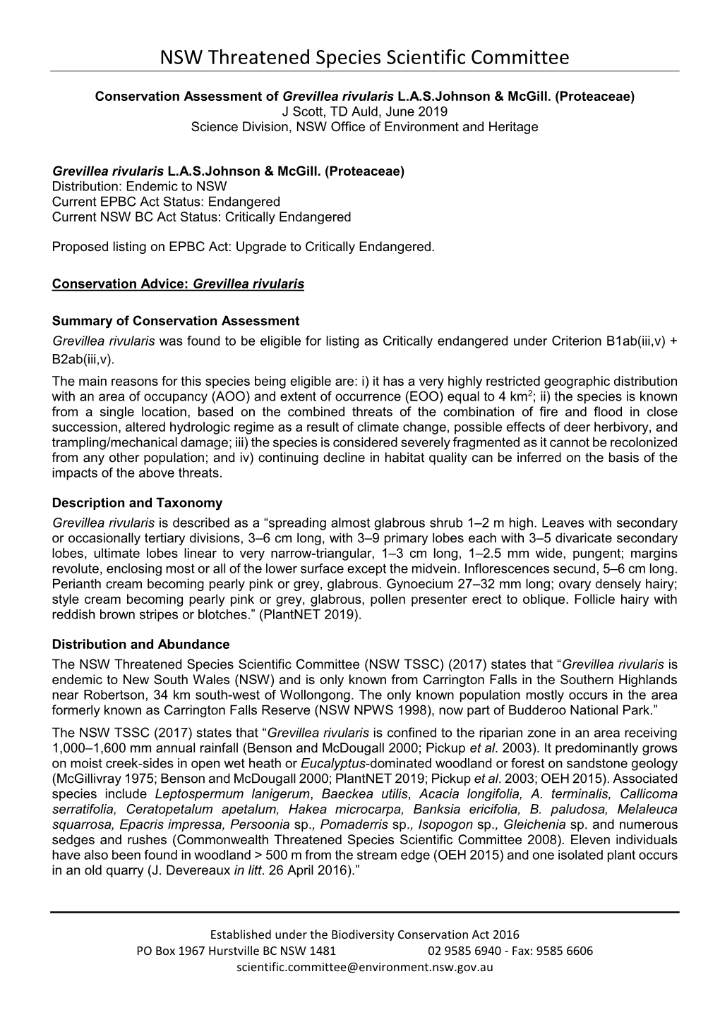 Conservation Assessment of Grevillea Rivularis L.A.S.Johnson & Mcgill