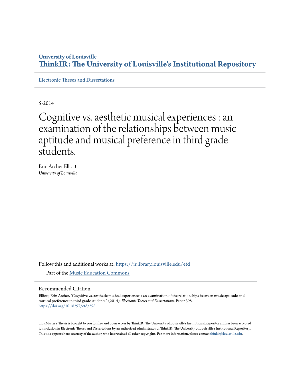 An Examination of the Relationships Between Music Aptitude and Musical Preference in Third Grade Students