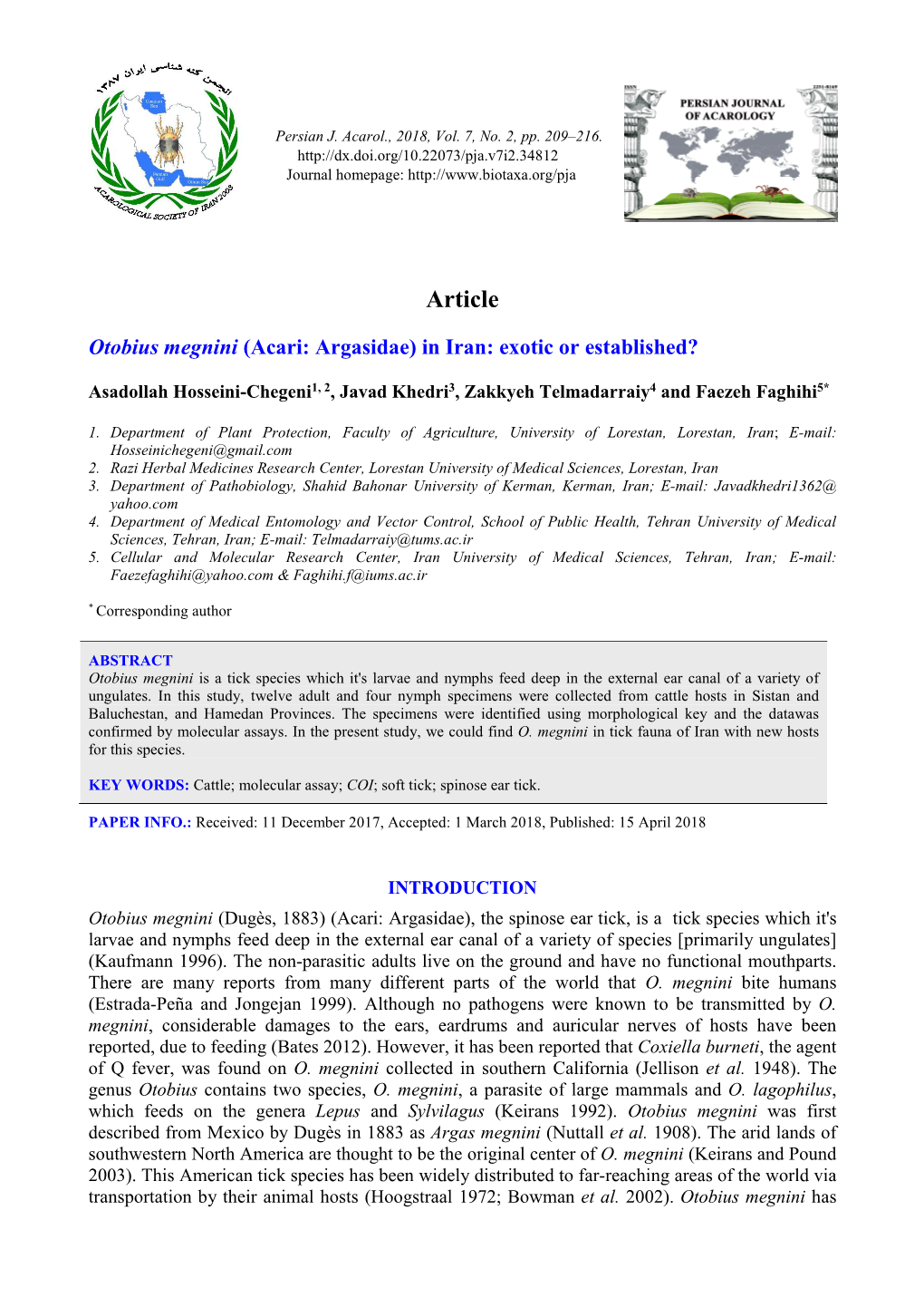 Otobius Megnini (Acari: Argasidae) in Iran: Exotic Or Established?