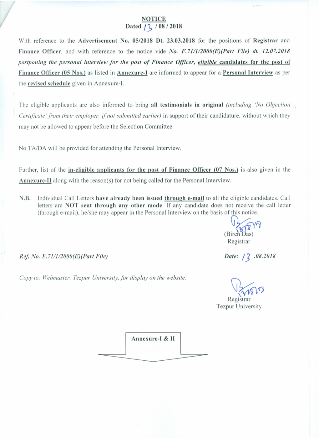 Dated I], 108/2018 Postponing the Personal Interview for the Post of Finance Officer, Eligible Candidates (Including 'No Objecti