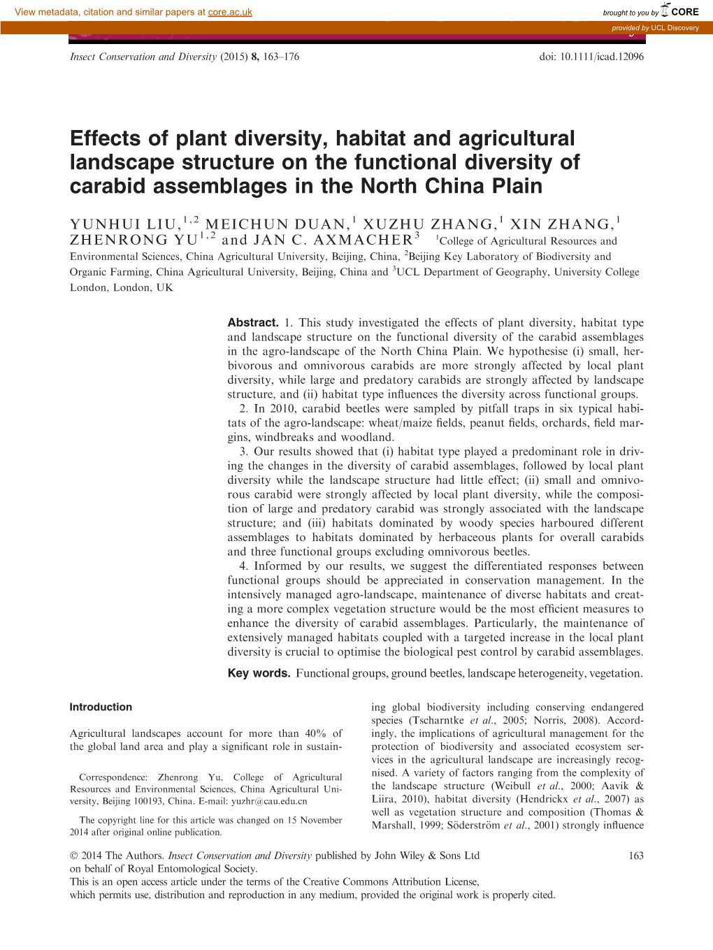 Effects of Plant Diversity, Habitat and Agricultural Landscape Structure on the Functional Diversity of Carabid Assemblages in the North China Plain