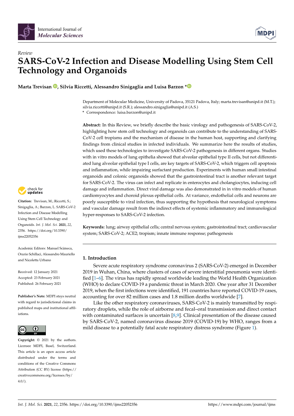 SARS-Cov-2 Infection and Disease Modelling Using Stem Cell Technology and Organoids