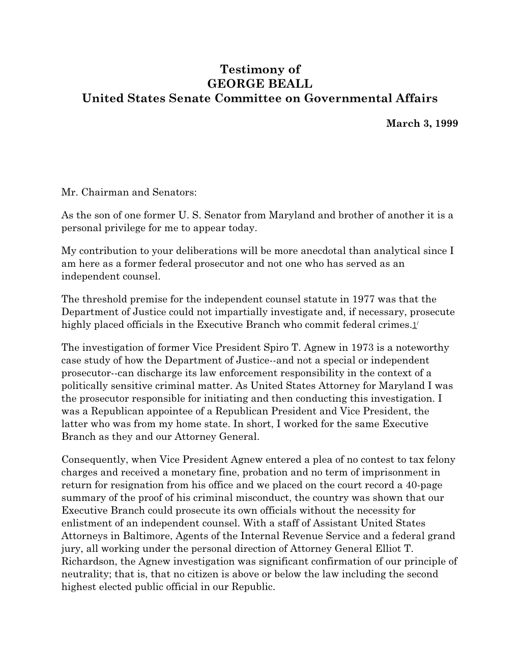 Testimony of GEORGE BEALL United States Senate Committee on Governmental Affairs