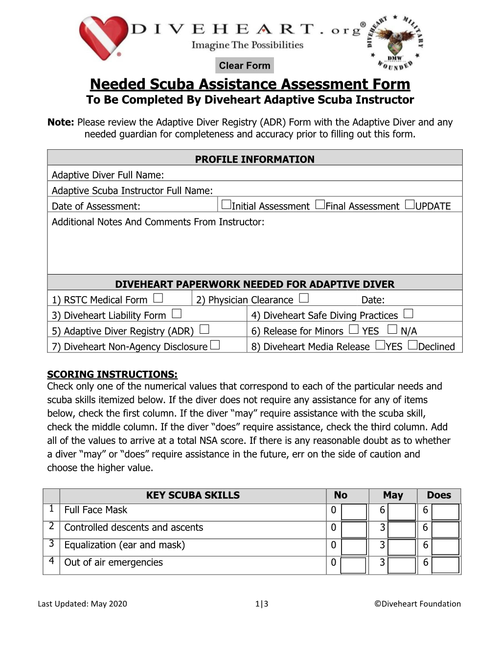 Needed Scuba Assistance Assessment Form to Be Completed by Diveheart Adaptive Scuba Instructor