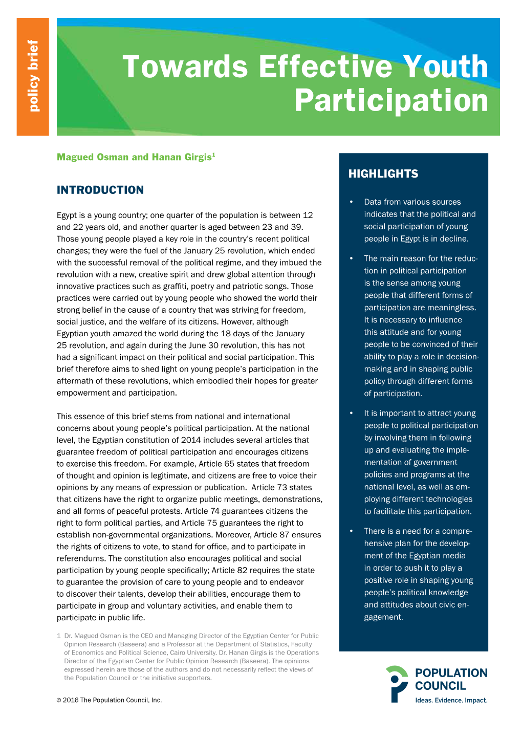 Towards Effective Youth Participation.” Cairo: Population Council