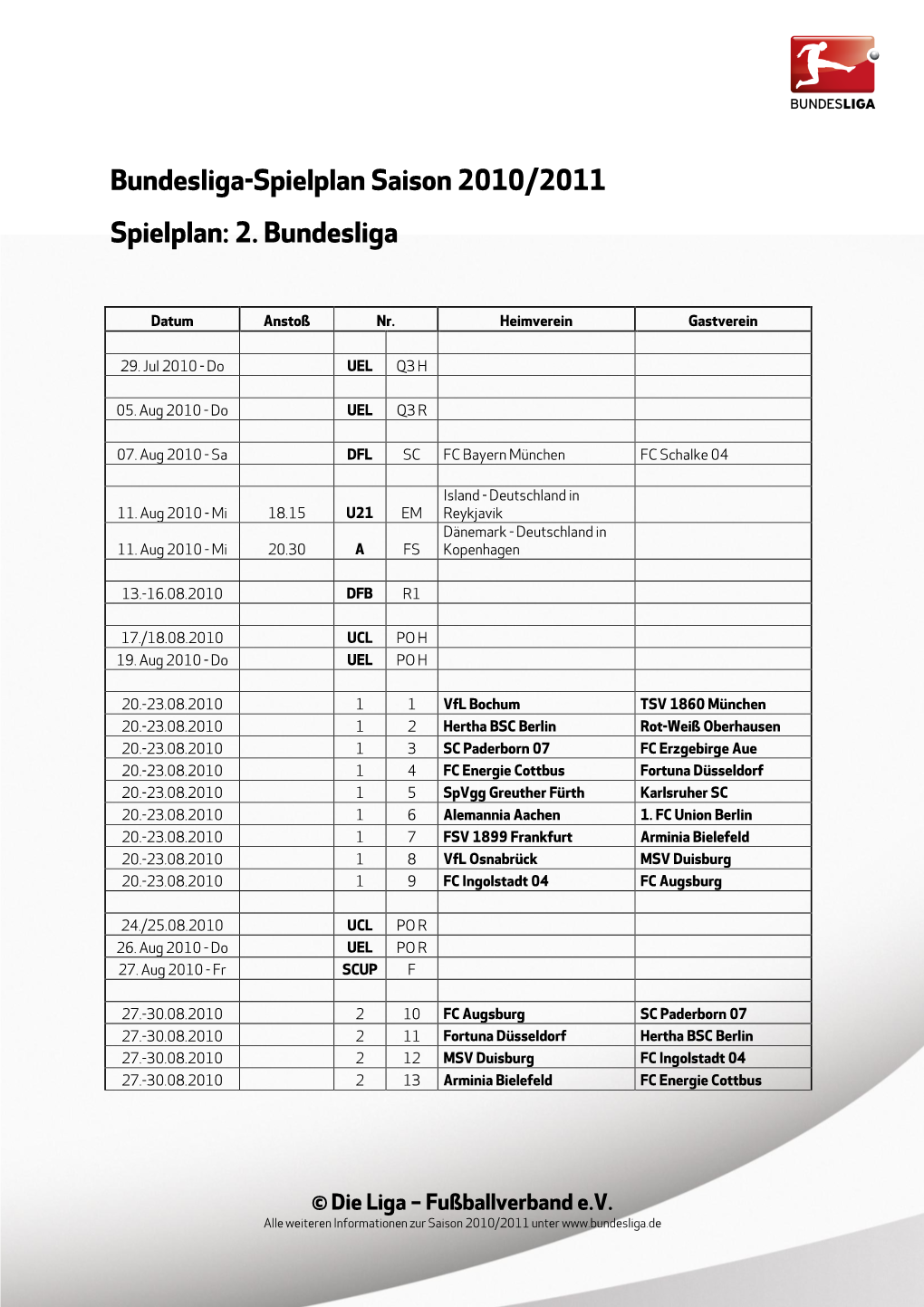 Bundesliga-Spielplan Saison 2010/2011 Spielplan: 2