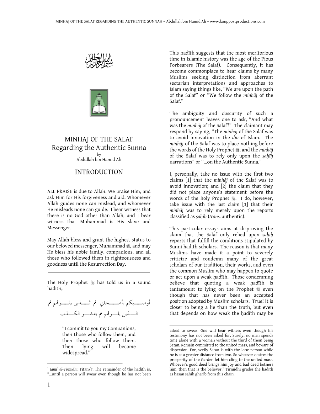 MINHAJ of the SALAF REGARDING the AUTHENTIC SUNNAH – Abdullah Bin Hamid Ali –