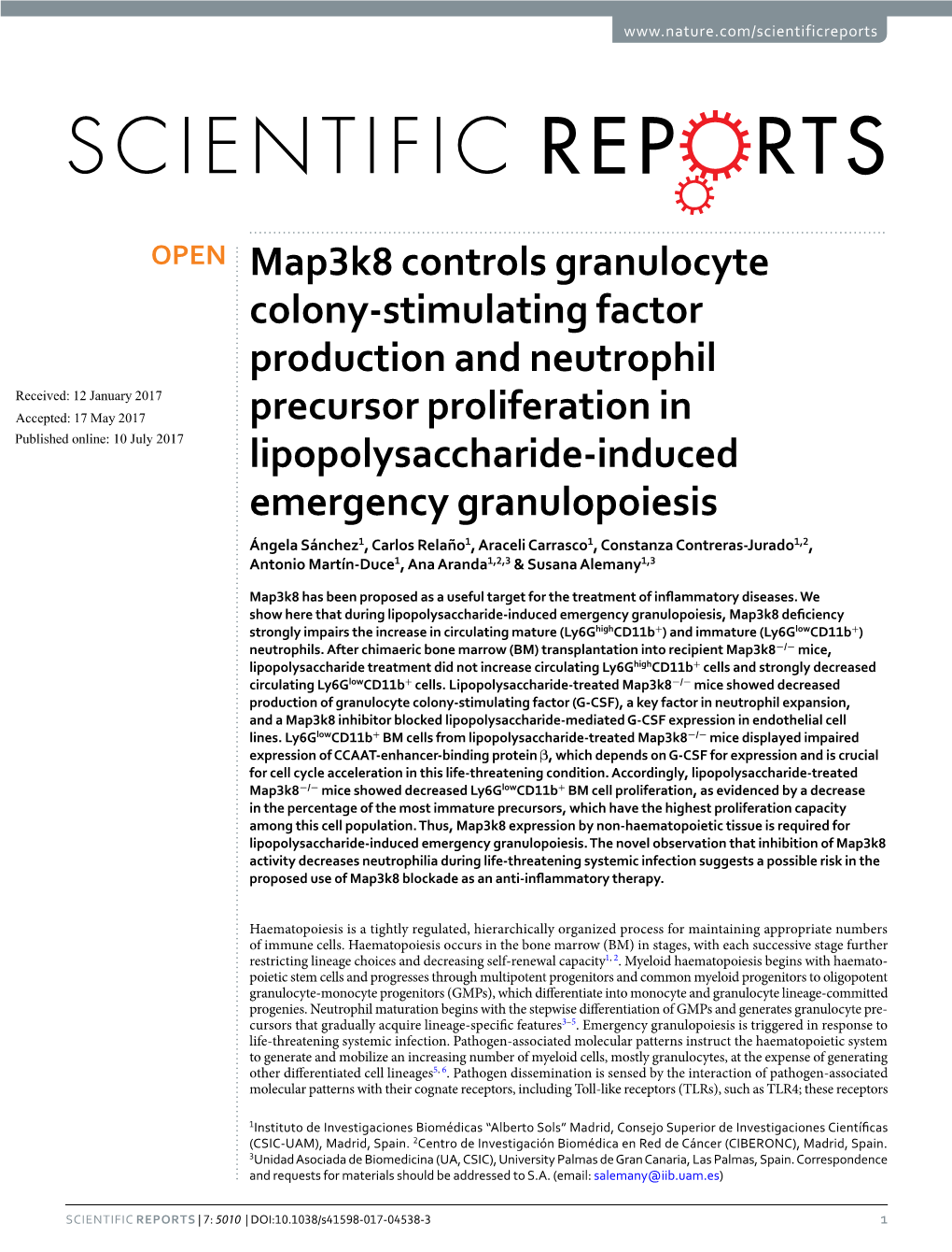 Map3k8 Controls Granulocyte Colony-Stimulating Factor Production