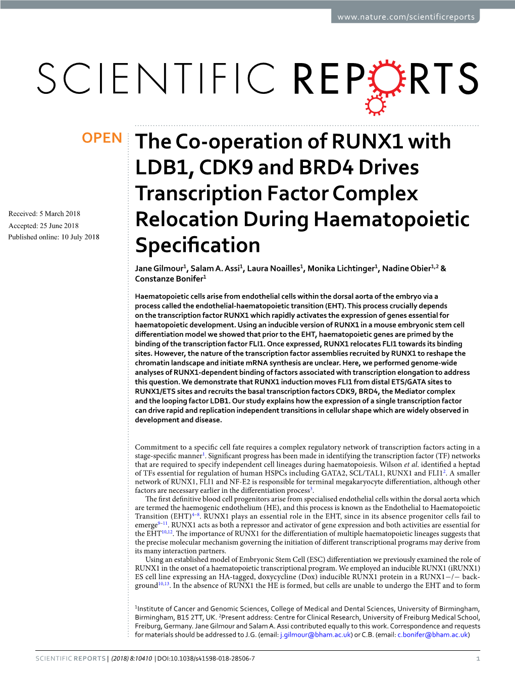 The Co-Operation of RUNX1 with LDB1, CDK9 and BRD4 Drives Transcription Factor Complex Relocation During Haematopoietic Specific