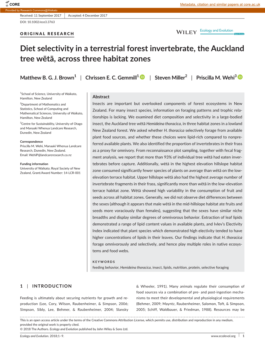 Diet Selectivity in a Terrestrial Forest Invertebrate, the Auckland Tree Wētā, Across Three Habitat Zones