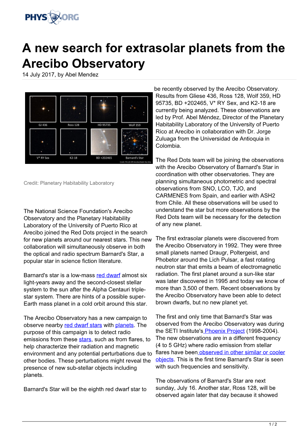 A New Search for Extrasolar Planets from the Arecibo Observatory 14 July 2017, by Abel Mendez