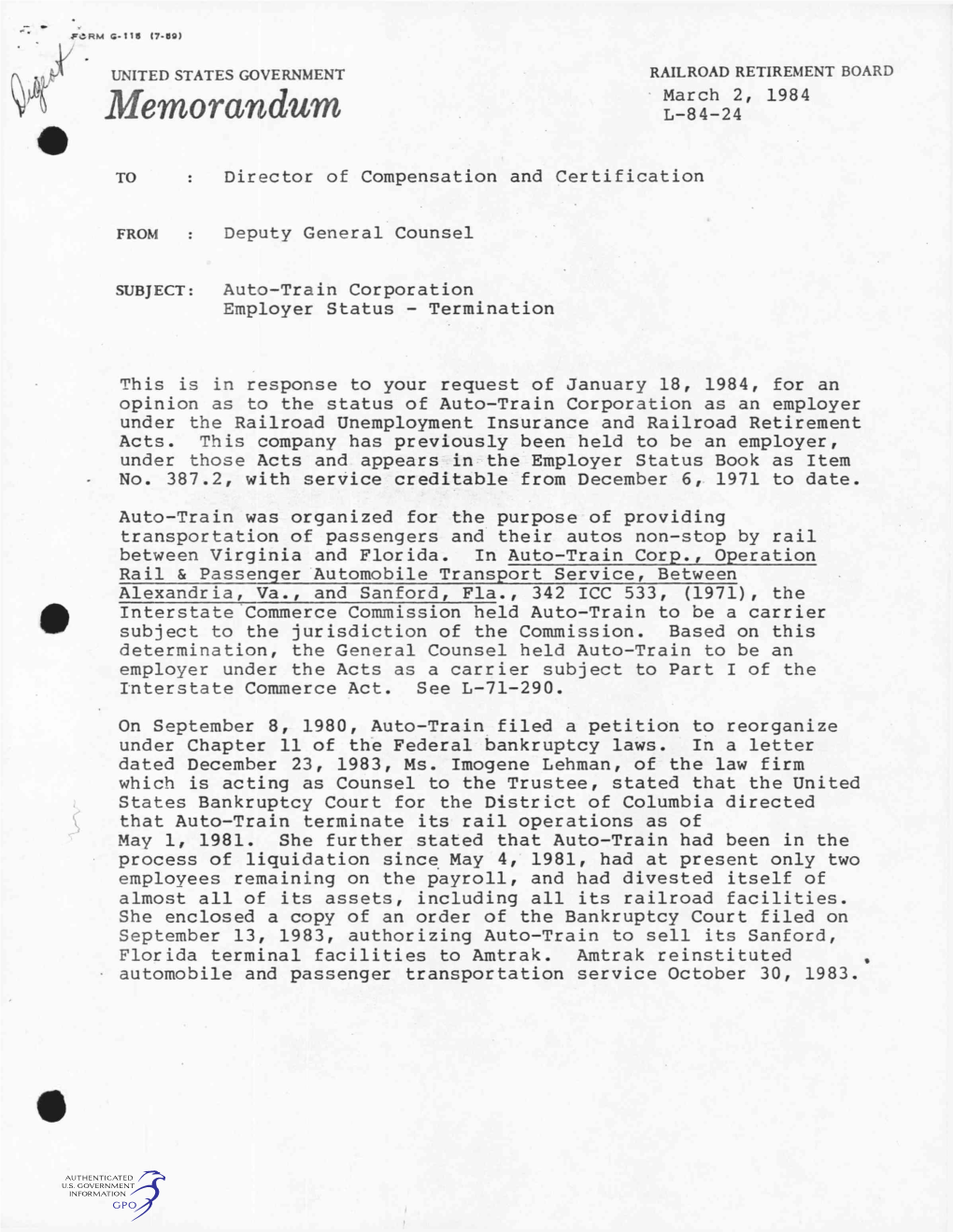 Memorandum ML-84-24 a R C H 2 ' 1 9 8 4