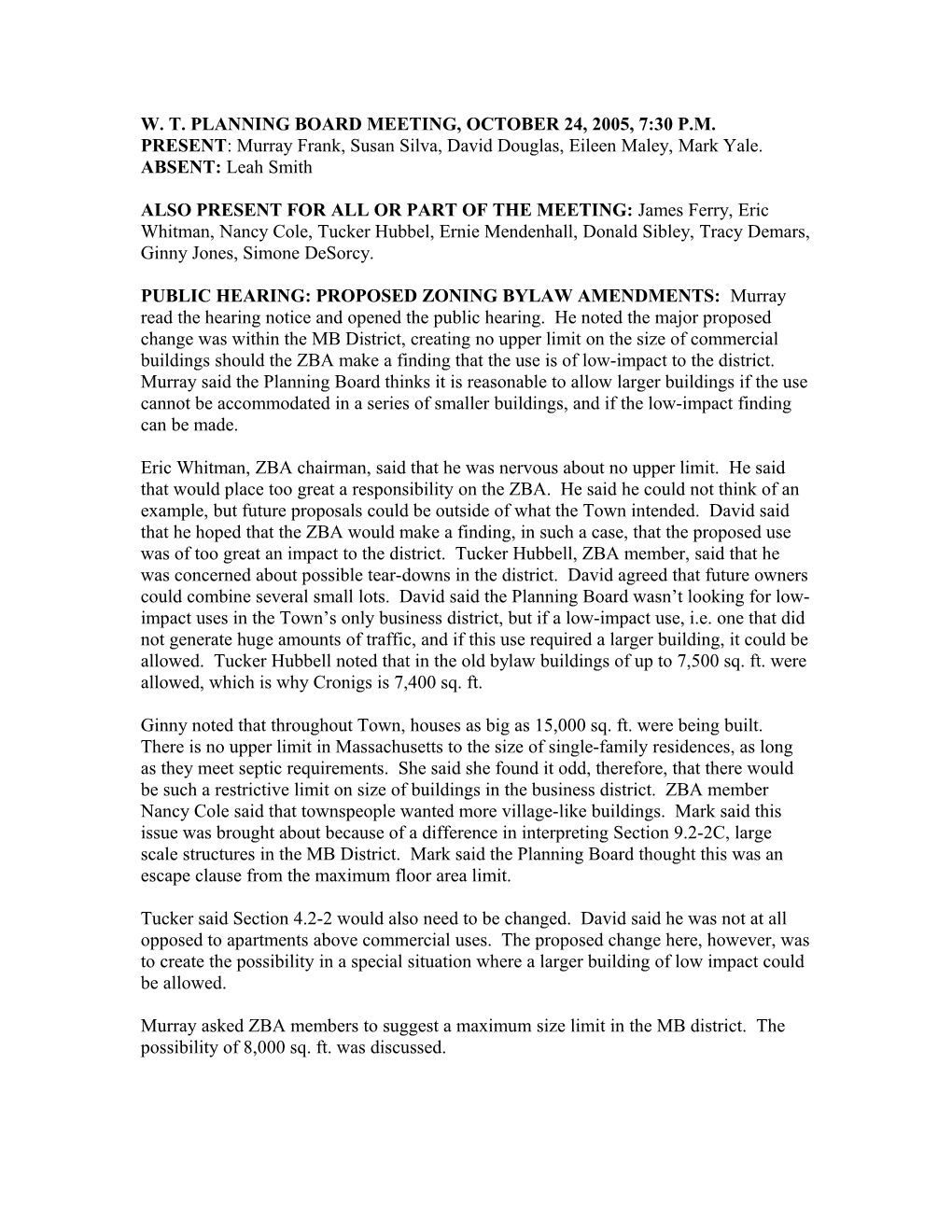 W. T. Planning Board Meeting, October 24, 2005, 7:30 P.M