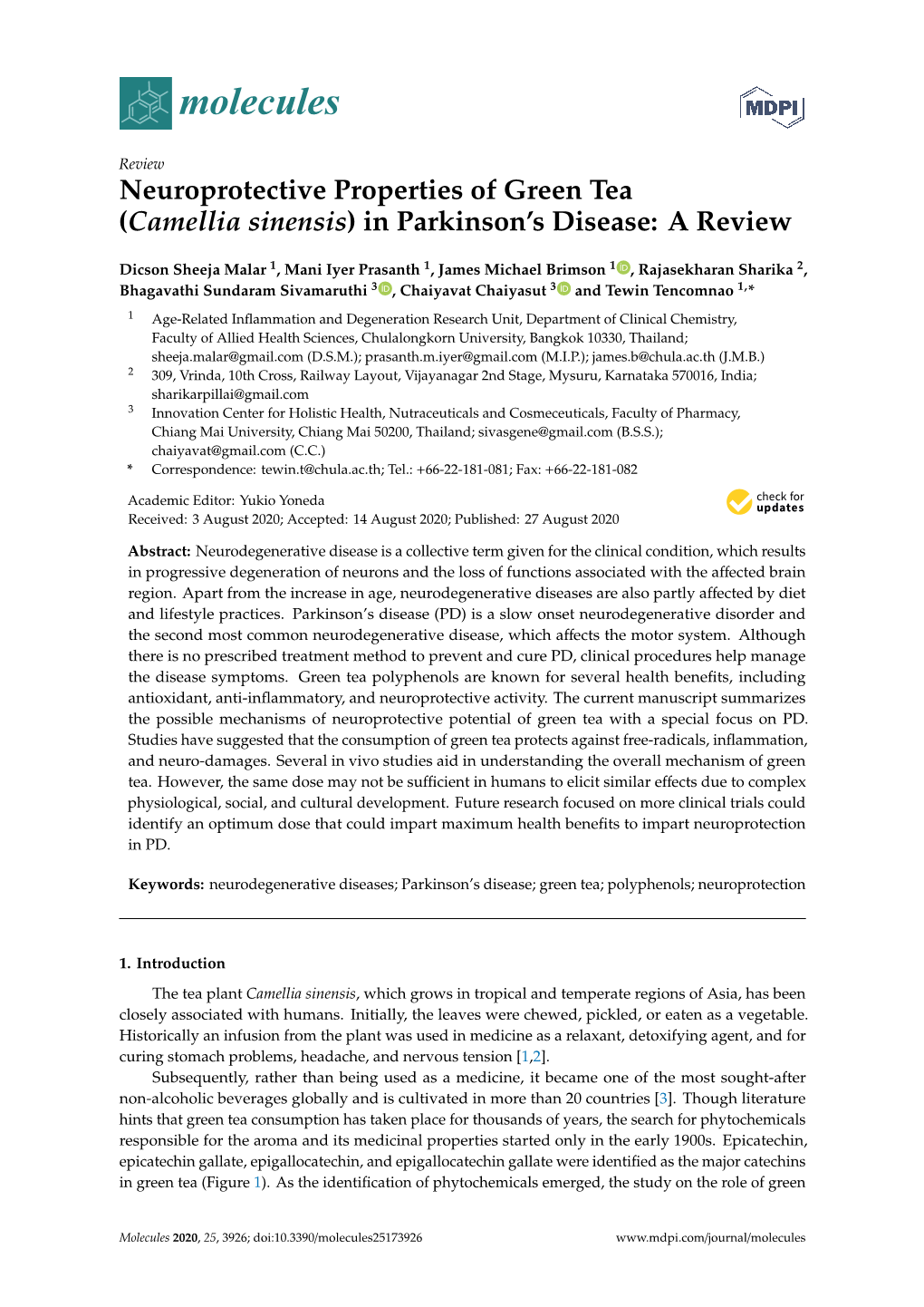 Neuroprotective Properties of Green Tea (Camellia Sinensis) in Parkinson’S Disease: a Review