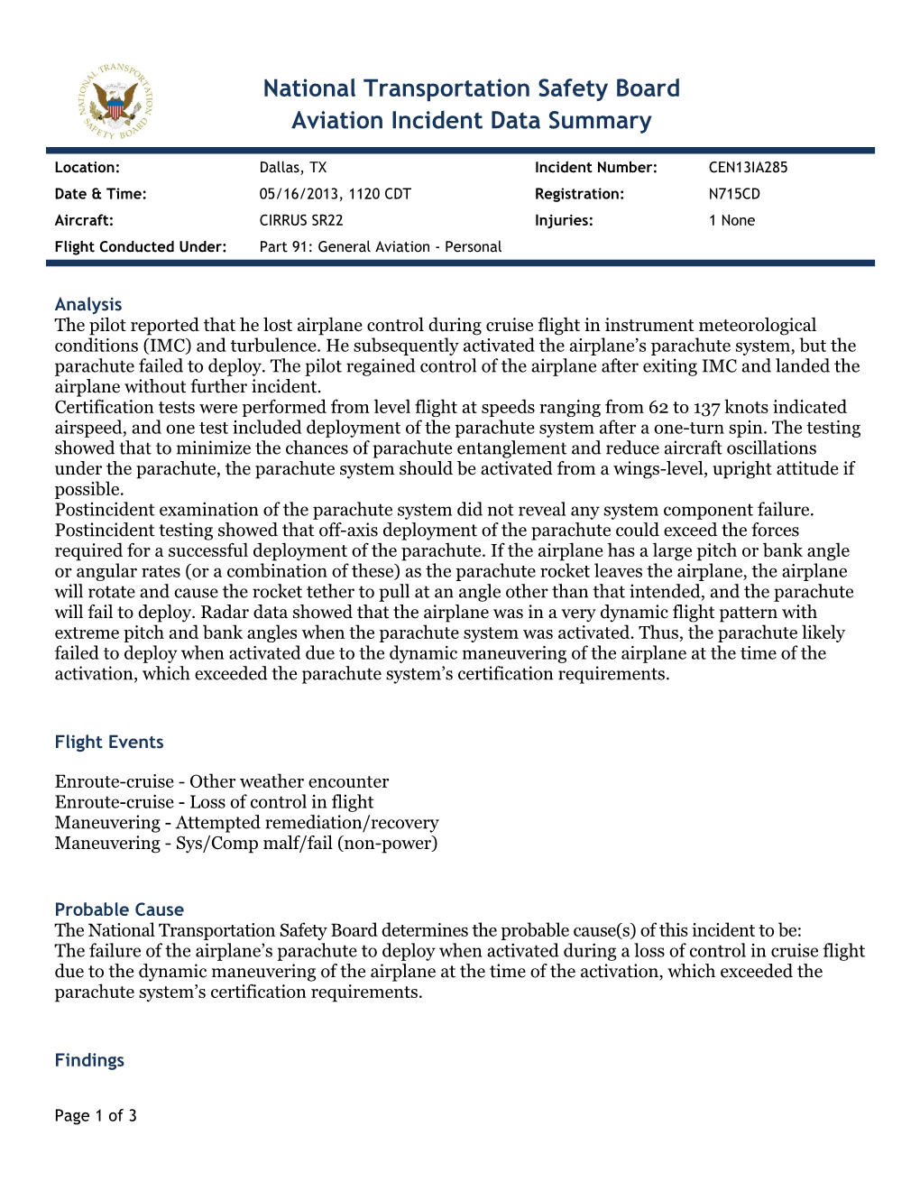 National Transportation Safety Board Aviation Incident Data Summary