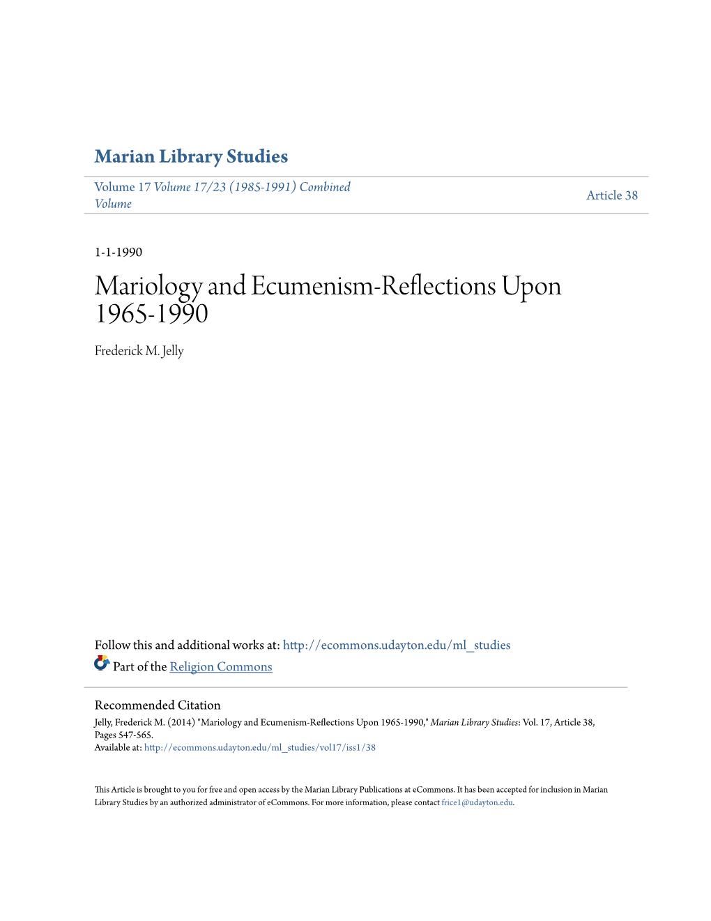 Mariology and Ecumenism-Reflections Upon 1965-1990 Frederick M