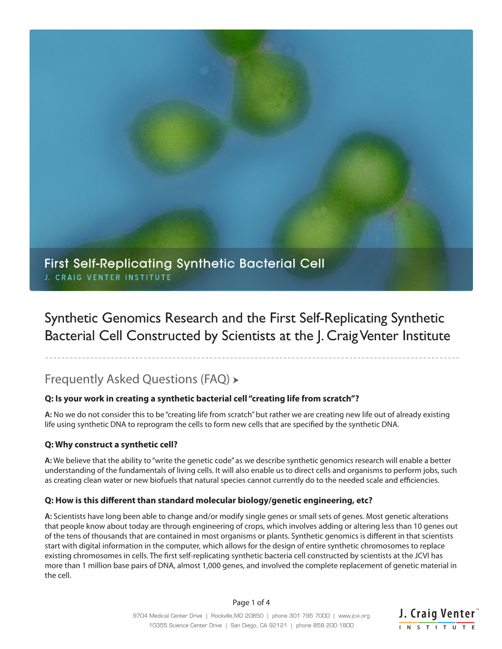 First Self-Replicating Synthetic Bacterial Cell J