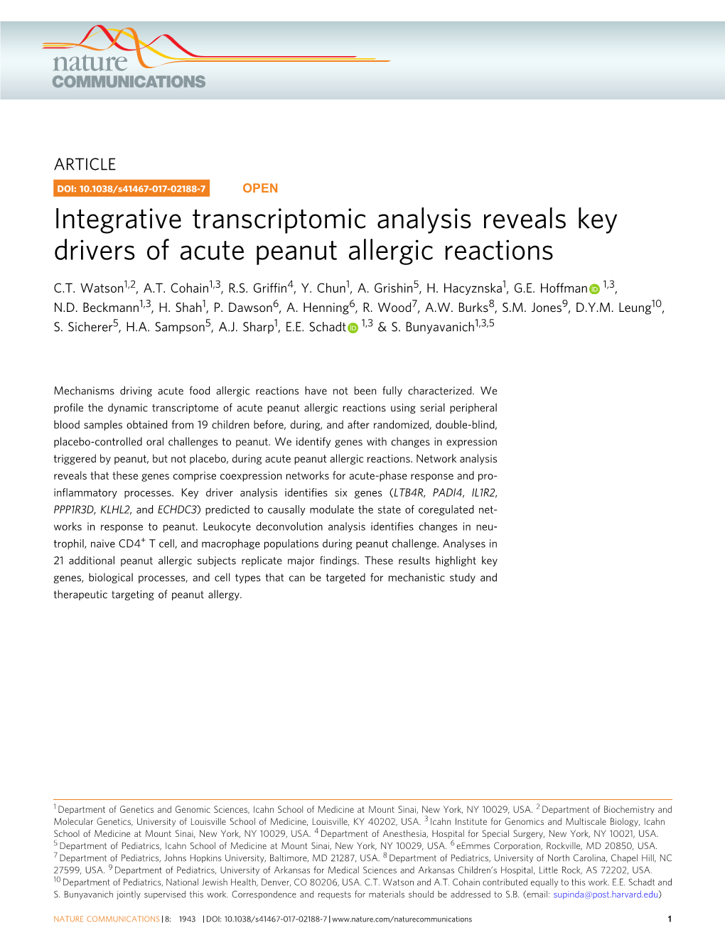 Integrative Transcriptomic Analysis Reveals Key Drivers of Acute Peanut Allergic Reactions