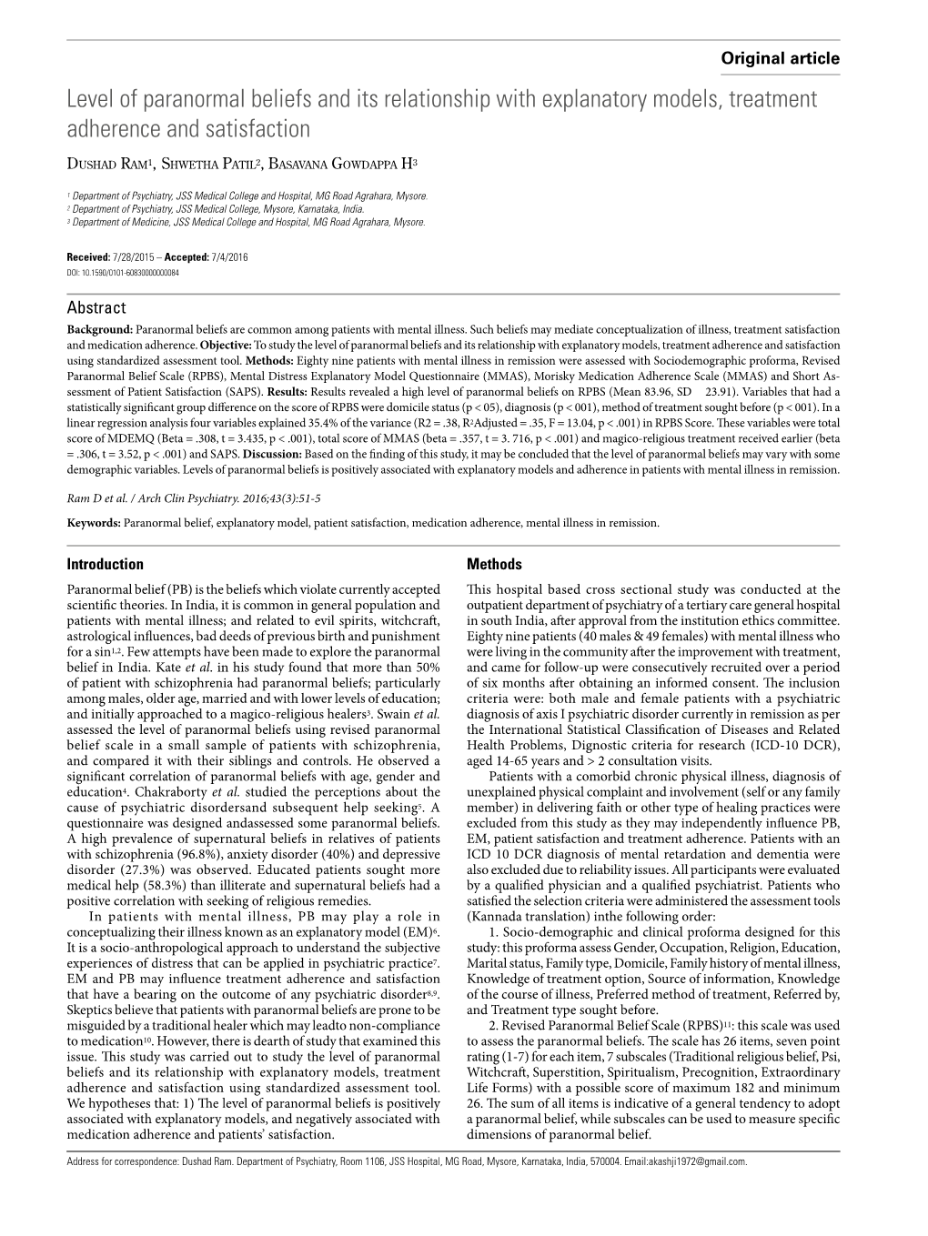 Level of Paranormal Beliefs and Its Relationship with Explanatory Models, Treatment Adherence and Satisfaction