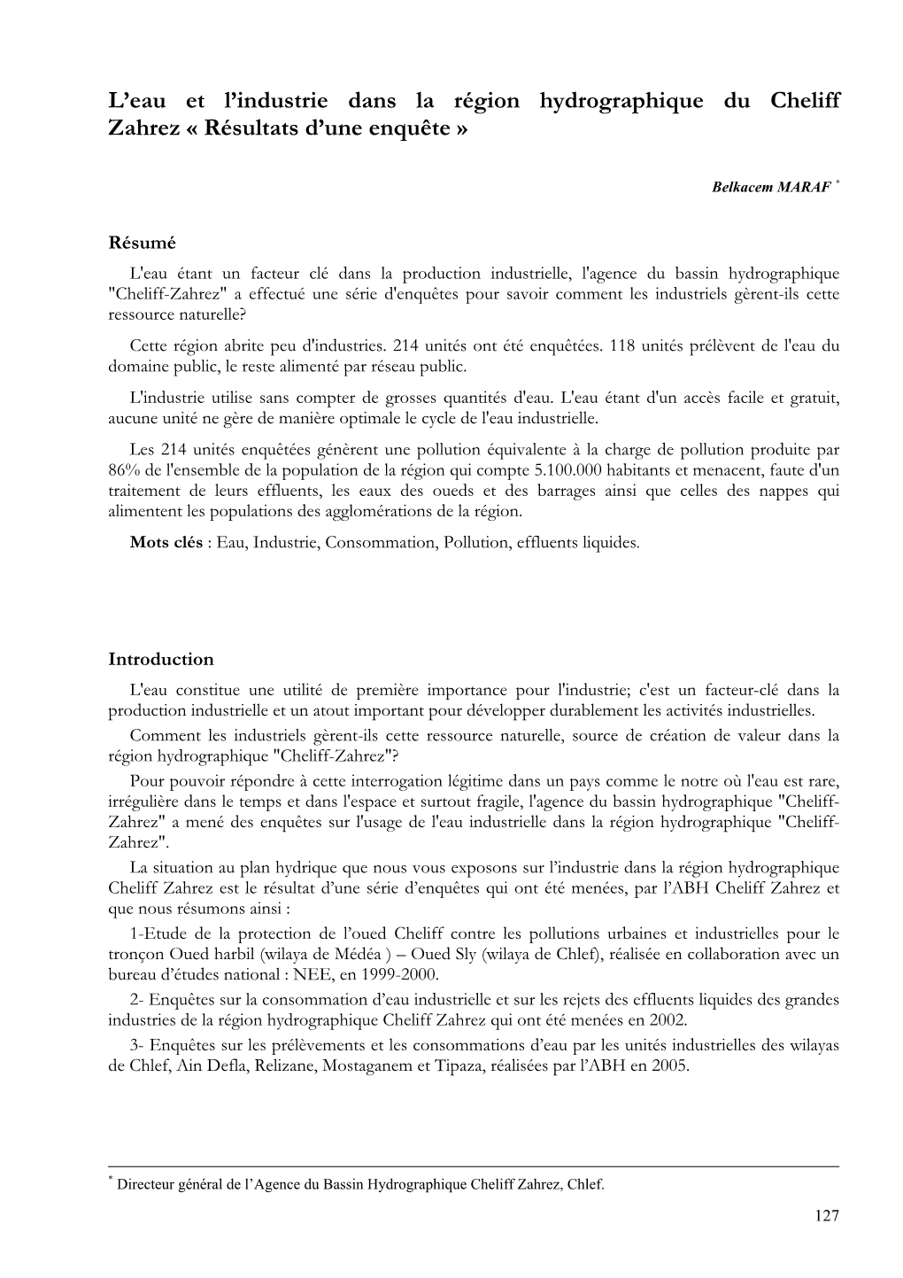 L'eau Et L'industrie Dans La Région Hydrographique Du Cheliff Zahrez