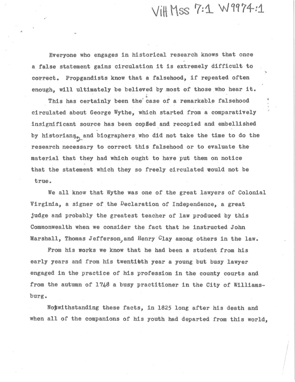 Discourse Refuting Statements Made That George Wythe at One Time Led a Life of Dissipation