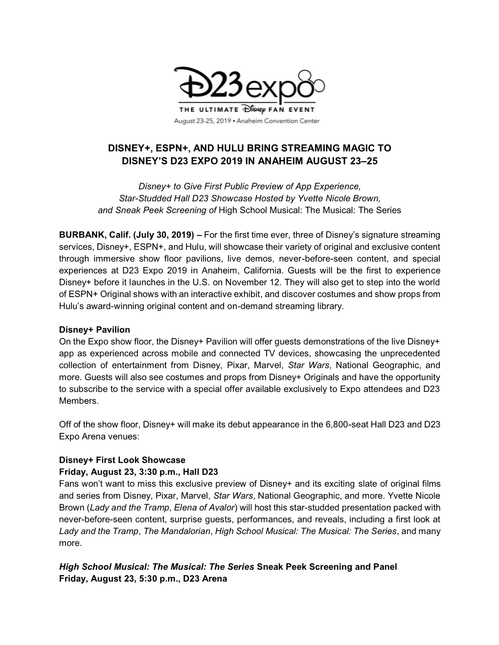 Disney+, Espn+, and Hulu Bring Streaming Magic to Disney’S D23 Expo 2019 in Anaheim August 23–25