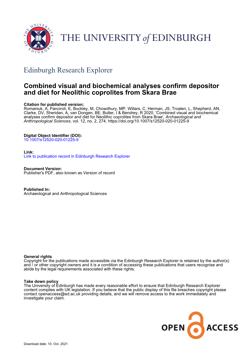 Combined Visual and Biochemical Analyses Confirm Depositor and Diet for Neolithic Coprolites from Skara Brae