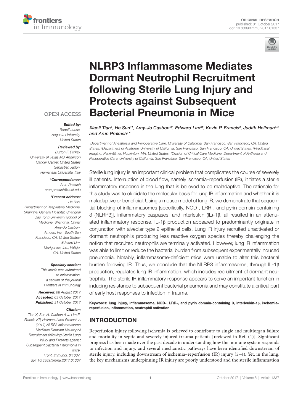 Nlrp3 Inflammasome Mediates Dormant Neutrophil Recruitment Following Sterile Lung Injury and Protects Against Subsequent Bacterial Pneumonia in Mice