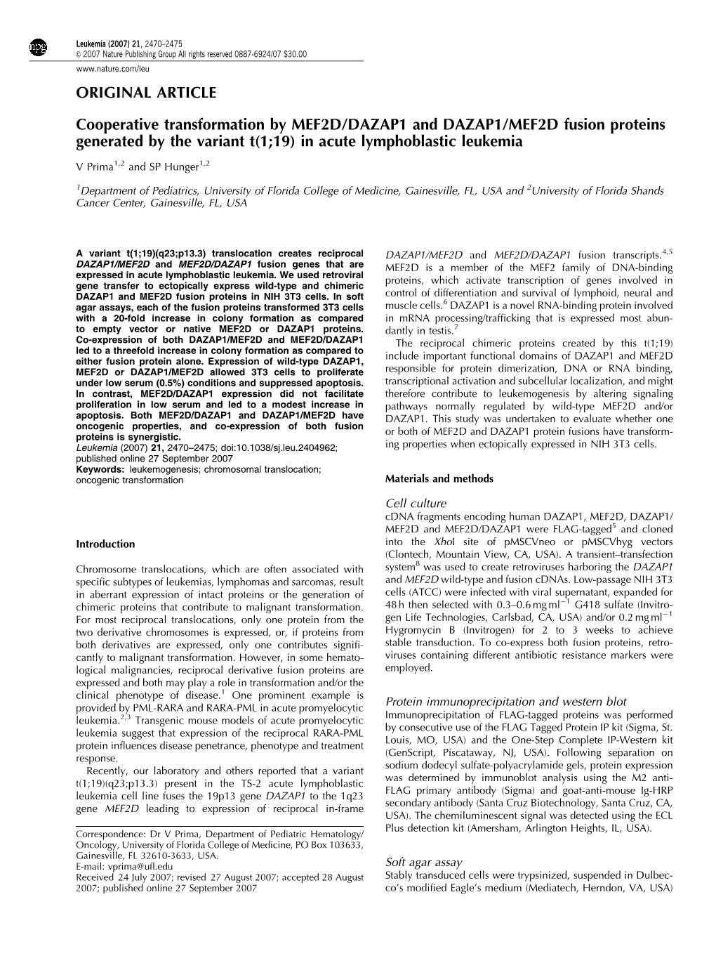 Cooperative Transformation by MEF2D/DAZAP1 and DAZAP1/MEF2D Fusion Proteins Generated by the Variant T (1; 19) in Acute Lymphoblastic Leukemia