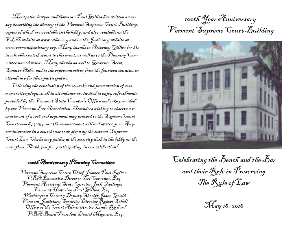 100Th Year Anniversary Vermont Supreme Court Building