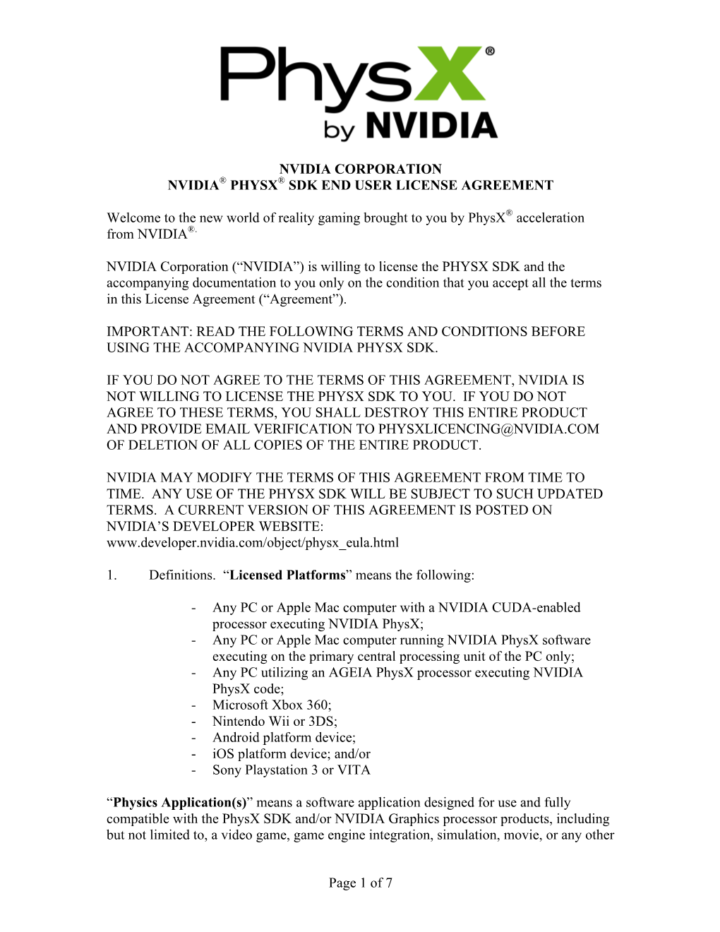 Page 1 of 7 NVIDIA CORPORATION NVIDIA® PHYSX® SDK END