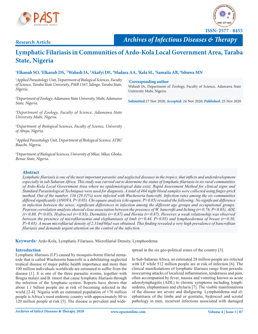 Lymphatic Filariasis in Communities of Ardo-Kola Local Government Area, Taraba State, Nigeria