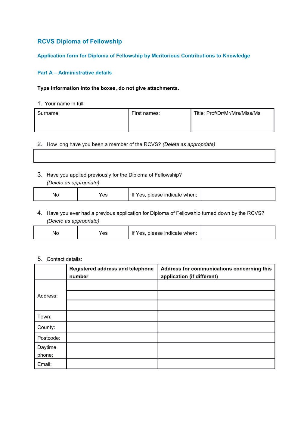 Application Form for Diploma of Fellowship by Meritorious Contributions to Knowledge