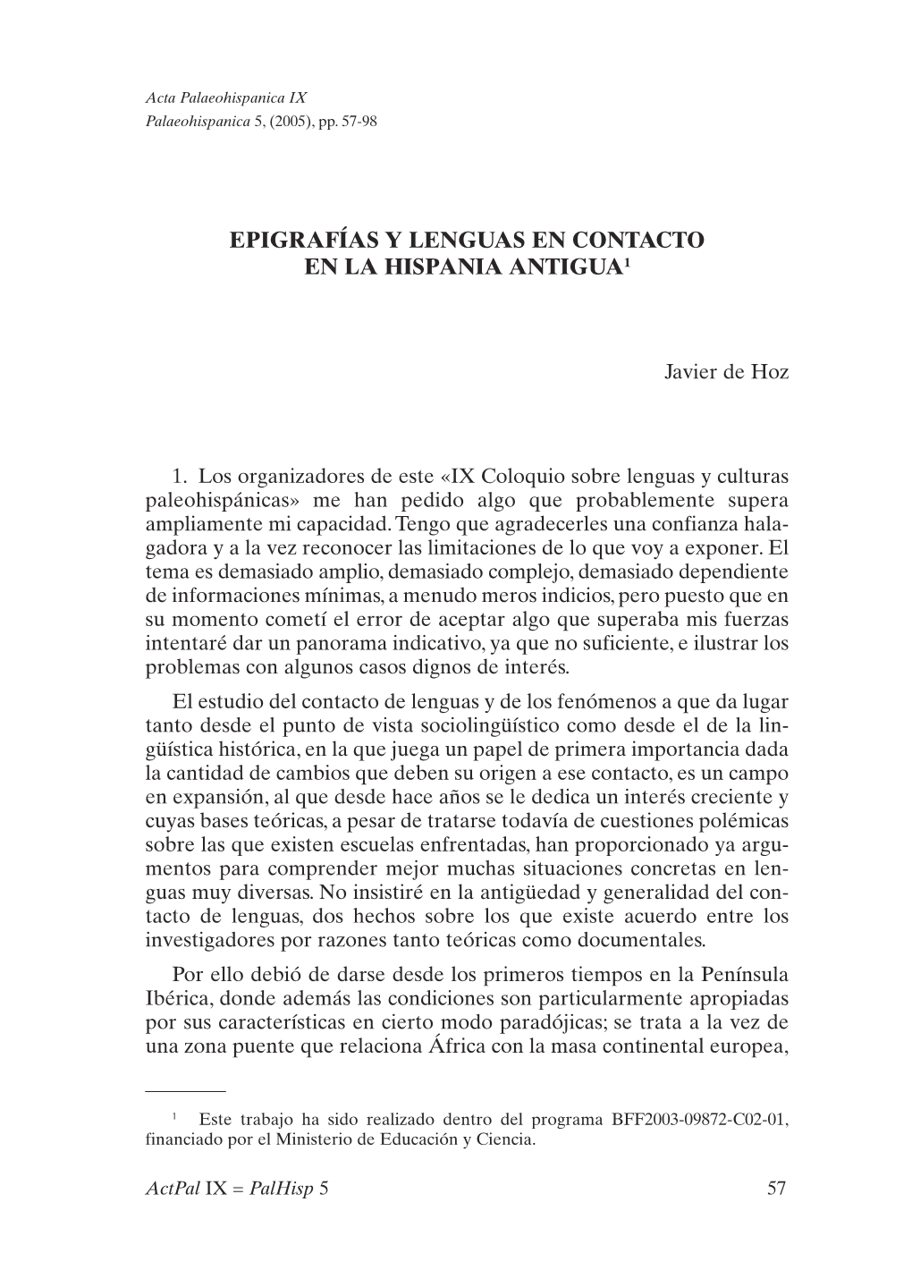 Epigrafías Y Lenguas En Contacto En La Hispania Antigua1