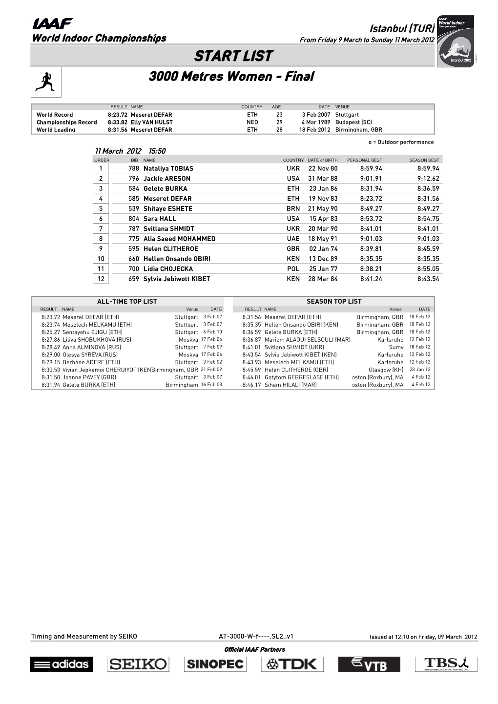 START LIST 3000 Metres Women - Final