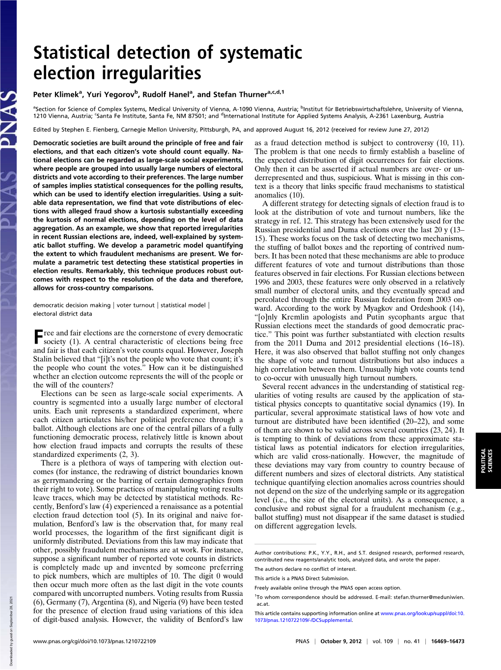 Statistical Detection of Systematic Election Irregularities