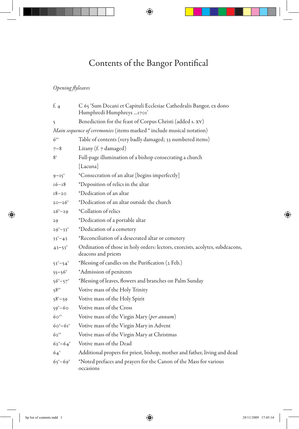 Contents of the Bangor Pontifical