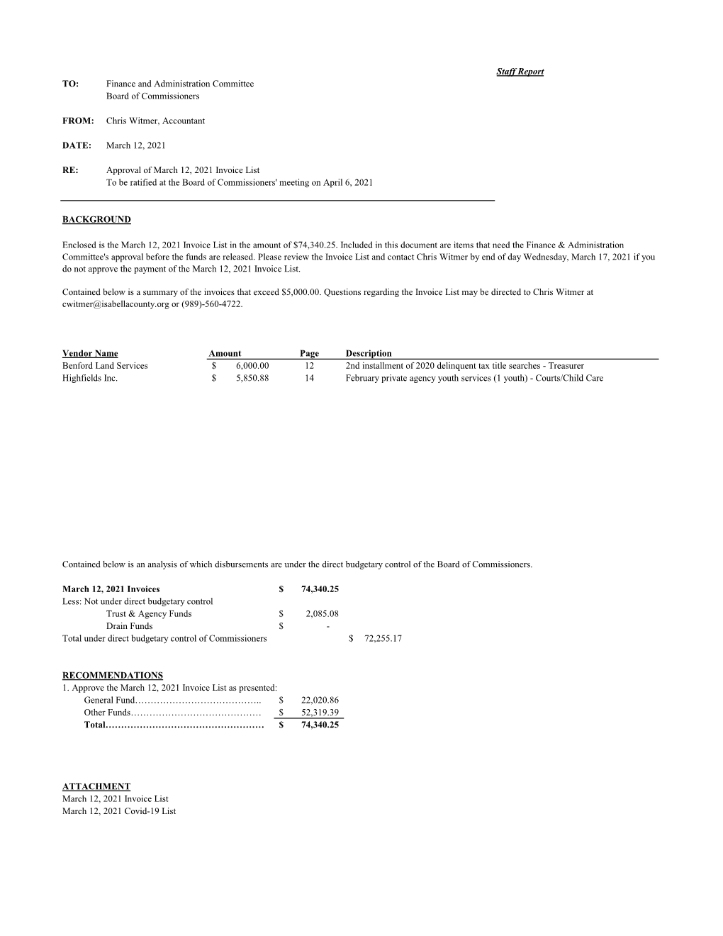 March 12, 2021 Invoice List to Be Ratified at the Board of Commissioners' Meeting on April 6, 2021