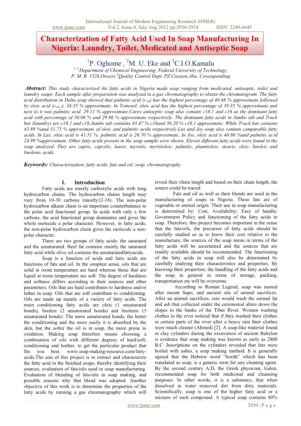 Characterization of Fatty Acid Used in Soap Manufacturing in Nigeria