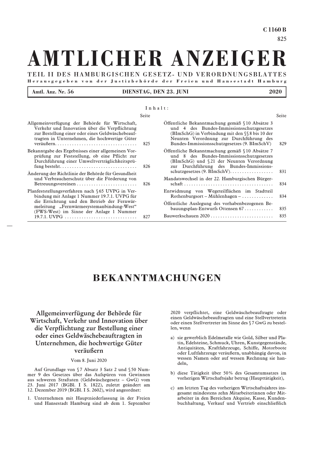 AMTLICHER ANZEIGER TEIL II DES HAMBURGISCHEN GESETZ- UND VERORDNUNGSBLATTES Herausgegeben Von Der Justizbehörde Der Freien Und Hansestadt Hamburg Amtl