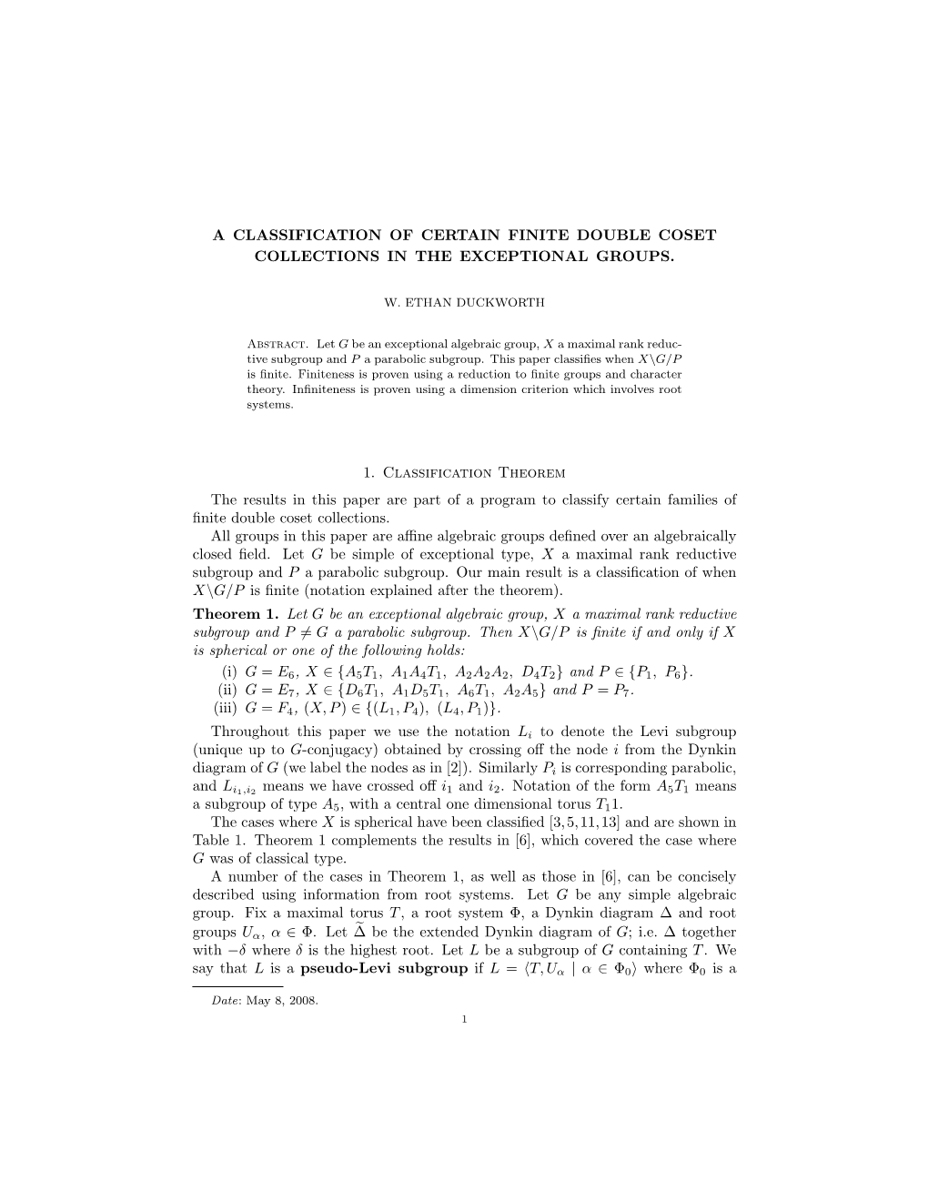 A Classification of Certain Finite Double Coset Collections in the Exceptional Groups