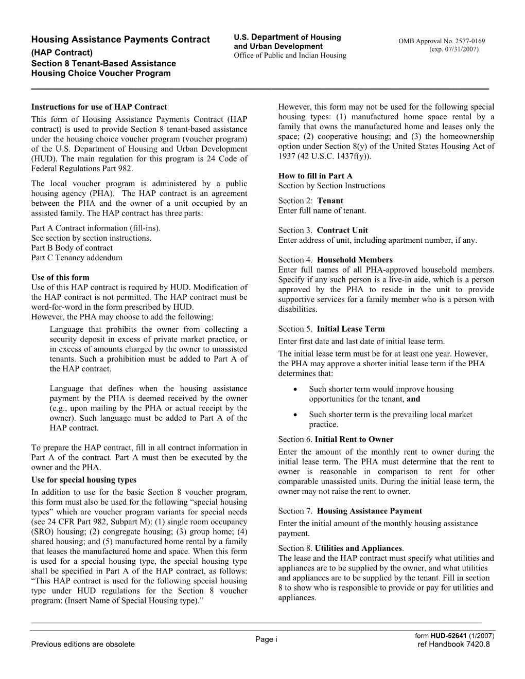 HAP Contract) Office O F Public and Indian Hous Ing Section 8 Tenant-Based Assistance Housing Choice Voucher Program ______